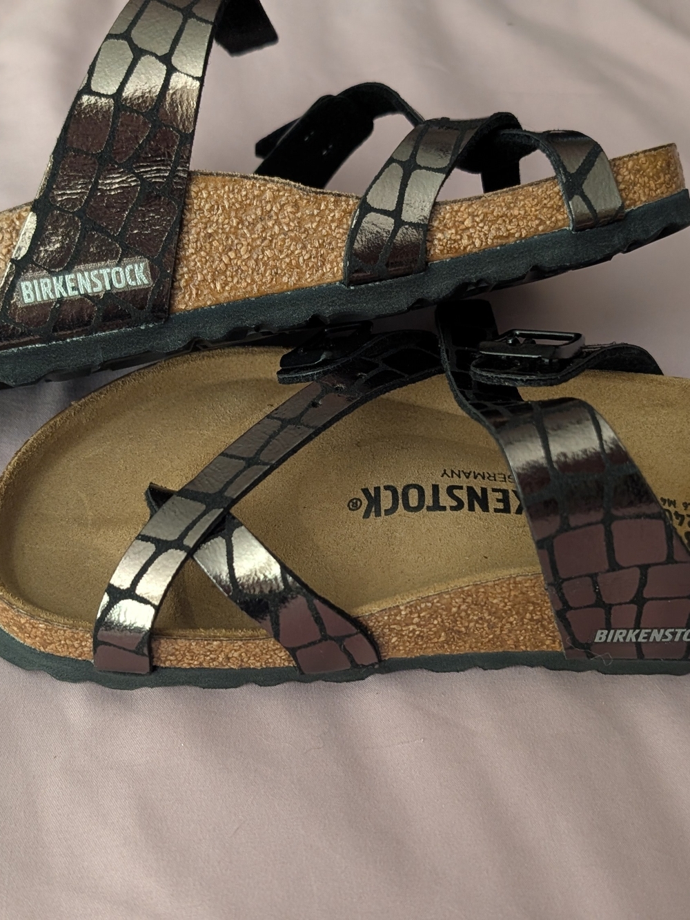 Birkenstock Black Metallic Croc-Print Strappy Sandals